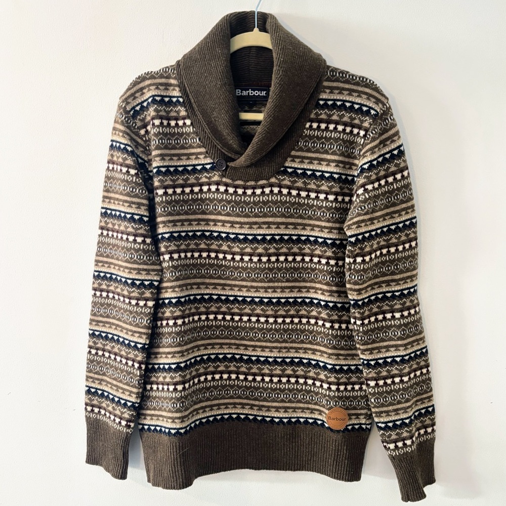 BARBOUR orwell shawl fair aisle brown tan navy stripe collar sweater wool small